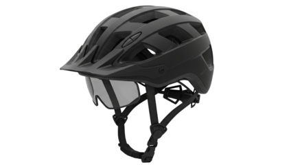 A matte-black sports helmet with visor provides protection for outdoor sports.