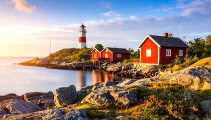 Coastal scene at sunrise with lighthouse and colorful cabins