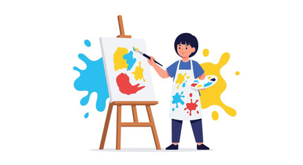 Fototapeta premium Illustration of a young artist painting with vibrant colors on an easel against a white background