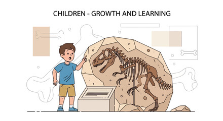 Illustration of a young boy at a museum exhibit featuring a dinosaur fossil embedded in rock exploring prehistoric learning
