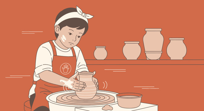 Illustration of a young boy crafting a clay pot on a pottery wheel with focus and creativity in a studio environment