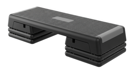 A studio shot showcases a gray adjustable aerobic step, essential for fitness.