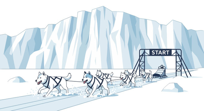 Illustration of a dog sled team racing across a snowy landscape with ice mountains and a starting line