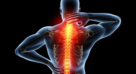 Glowing Spine with Back Pain in Blue Medical Illustration