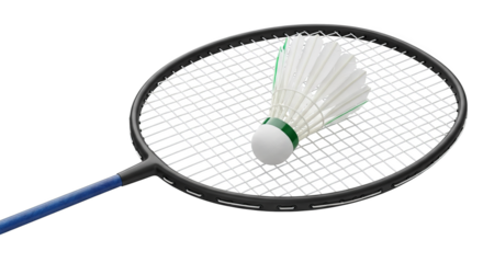 Isolated badminton racket with shuttlecock, ready for sports and competition.