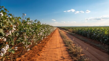 Obraz premium Dirt road through a vast cotton field under a bright blue sky with fluffy clouds