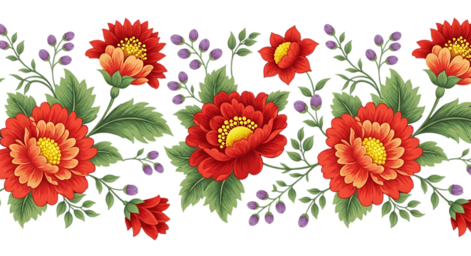 Floral border with red flowers isolated on transparent background