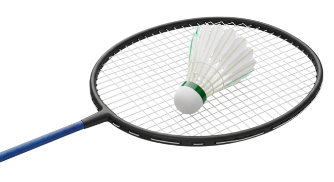Isolated badminton racket with shuttlecock, ready for sports and competition.