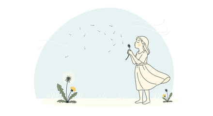 Fototapeta premium Illustration of a girl blowing dandelion seeds representing dreams and childhood innocence blowing in the gentle wind