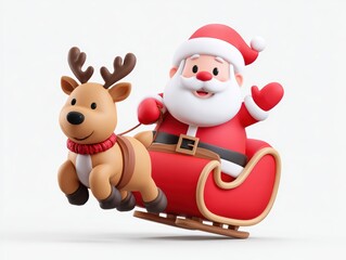 Festive 3D Cartoon of Jolly Santa Riding Miniature Sleigh with Reindeer Toy on White Background for Christmas Celebration