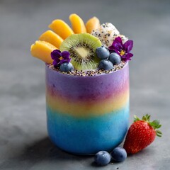 Vibrant rainbow smoothie with kiwi, mango, blueberries and dragon fruit on a gray surface.