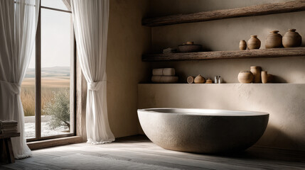 Modern bathroom interior with freestanding stone bathtub, rustic wooden shelves, ceramic vases, soft natural light, and serene countryside view