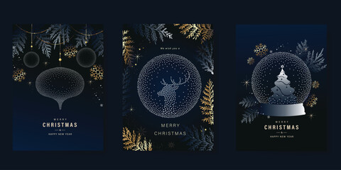 Christmas and Happy Holidays invitation card design vector. Christmas tree, pine leaves, snow globe, reindeer, spot texture on navy blue background. Design for Season's Greeting, Christmas, cover.