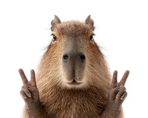 Portrait of a happy capybara peace sign hands 