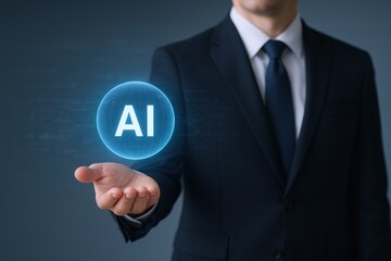 Businessman Displaying Artificial Intelligence Concept: Futuristic Technology and Digital Transformation in Business with AI Integration