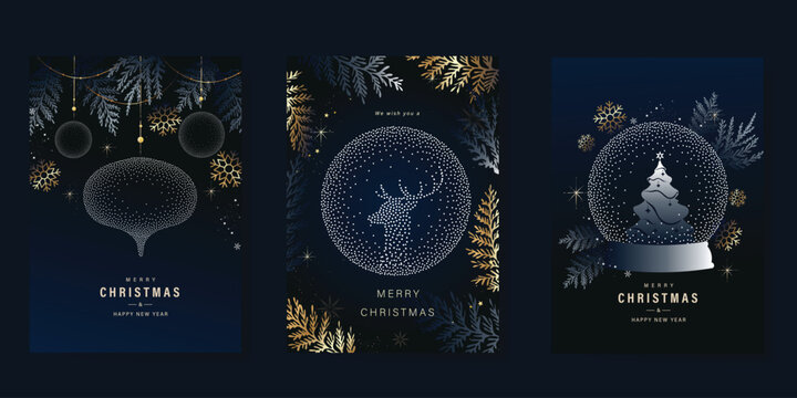 Christmas and Happy Holidays invitation card design vector. Christmas tree, pine leaves, snow globe, reindeer, spot texture on navy blue background. Design for Season's Greeting, Christmas, cover.