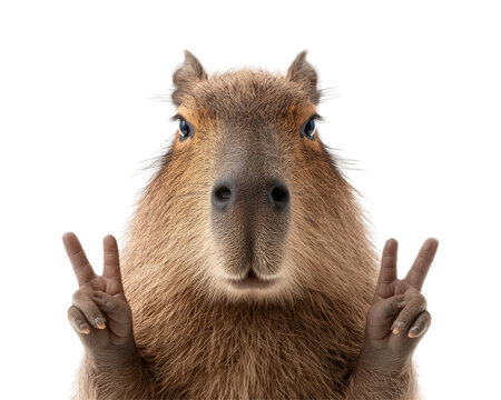 Portrait of a happy capybara peace sign hands
