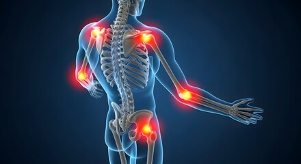 Human Skeleton with Red Highlighted Joints on Dark Blue Background