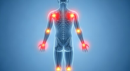 Human Body Anatomy with Painful Joints on Blue Background