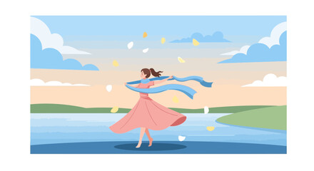 Illustration of a young woman dancing in a serene landscape with flowing fabric and petals