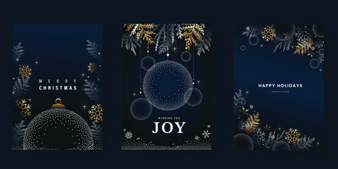 Christmas and Happy Holidays invitation card design vector. Pine leaves, bauble, snowflake, spot texture on navy blue background. Design for Season's Greeting, Christmas, cover.