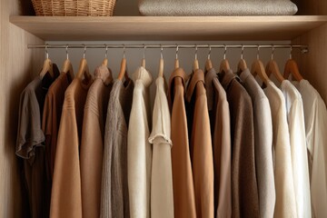 Earth tone capsule wardrobe in minimalist closet 