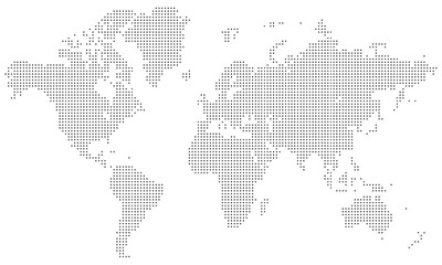 Fototapeta premium Square shape dotted world map. A new perspective on global geography. Pixel-perfect vector illustration for cartography enthusiasts. Asia, Europe, and America in abstract dots