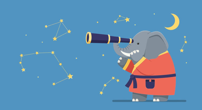 Illustration of an elephant wearing a robe looking through a telescope at the night sky with constellations
