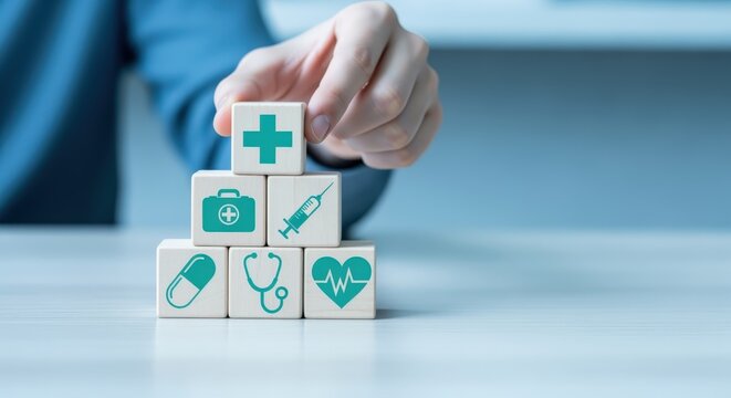 Hand Arranging Wooden Blocks with Medical Icons: Healthcare Concept for Insurance, Wellness, and Prevention - Powered by Adobe