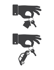 hand hold keys with house and car icon set