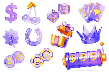 Glass holographic casino icons. Render 3d set of poker chips, playing cards, dice, slot machine, clover, cherry, horseshoe, crown, gift box, coins, dollar sign. Gambling ui elements. 3D illustration