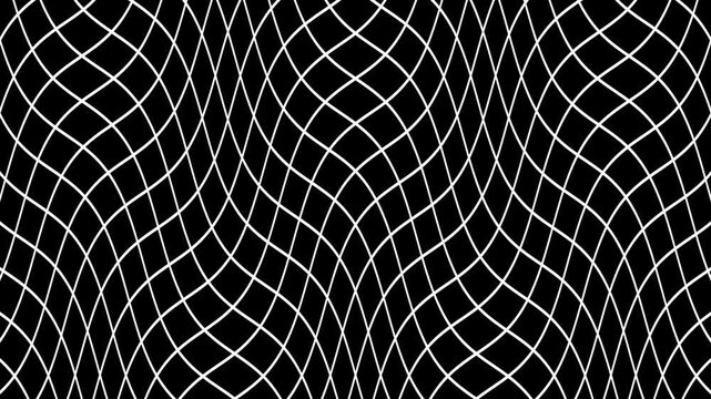 Abstract black background with intersecting white curved lines forming a complex geometric wave mesh pattern in seamless motion
