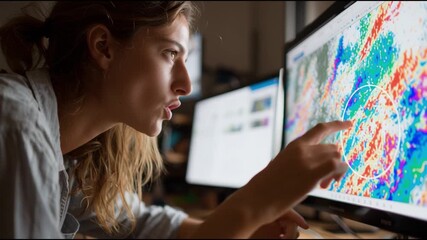 Young woman analyzes weather patterns and data using advanced technology at modern workspace - Powered by Adobe