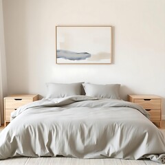 Minimalist bedroom interior with soft gray bedding, light wood nightstands, and abstract wall art above the bed — clean, modern home decor design perfect for real estate, interior, and lifestyle conce