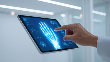 Futuristic tablet displaying digital hand x ray, AI diagnosis, medical technology, innovation, and healthcare in modern hospital