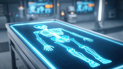Ai diagnosis futuristic medical table with digital skeleton scan glowing in modern hospital laboratory
