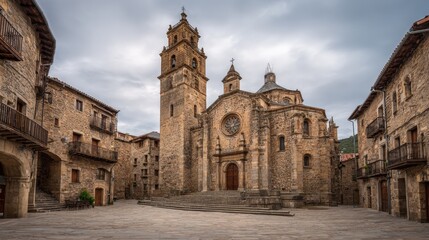 Fototapeta premium Picturesque Romanesque Architecture of the Collegiate Church and Charming Buildings in Ainsa, Spain Under a Cloudy Sky