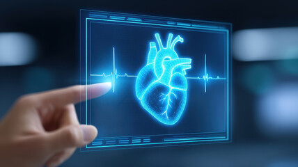 Futuristic ai diagnosis concept with digital heart hologram and heartbeat line showing advanced medical technology