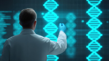 Scientist DNA technology laboratory research analysis blue digital healthcare innovation futuristic focus medical