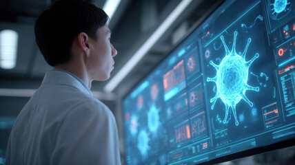 Scientist analyzing ai diagnosis data on virus structure in laboratory environment with futuristic digital interface