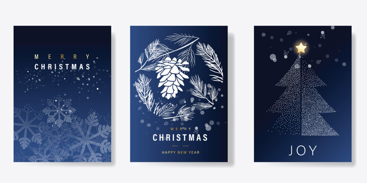Christmas and Happy Holidays invitation card design vector. Christmas tree, pine leaves, snowflake, pine cone, spot texture on navy blue background. Design for Season's Greeting, Christmas, cover.
