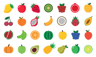 Fresh tropical fruit icons set, Exotic and juicy flat vector style