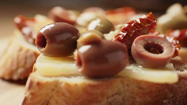 Close-up of appetizer crostini with olives and sundried tomatoes