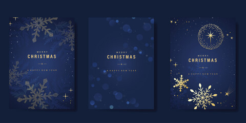 Christmas and Happy Holidays invitation card design vector. Pine leaves, snowflake, hanging bauble, spot texture on navy blue background. Design for Season's Greeting, Christmas, cover.