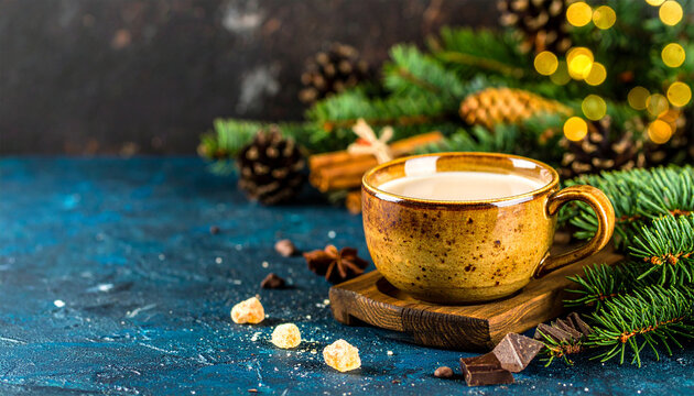 Festive Coffee Delight: A cozy holiday scene presents a warm cup of coffee, surrounded by Christmas decorations, evoking the joy and spirit of the season. 