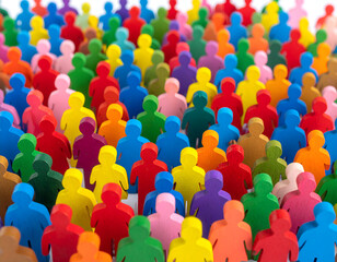 Vibrant crowd of colorful wooden human figures symbolizing diversity, community, and social inclusion. Represents unity, teamwork, and human connection.