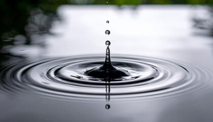 Water droplet impact: capturing the precise moment of impact, revealing intricate circular ripples radiating across the water's surface, a visual symphony of liquid motion and serene reflection.