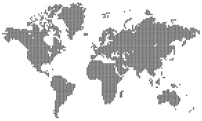 Rectangular vertical shape word map featuring halftone dotted continents and countries. Pixel atlas for world geography background and abstract design