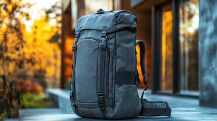 A sleek and functional travel backpack features smart compartments, placed on a concrete floor with subtle lighting. The design emphasizes versatility and convenience for travelers on the go.