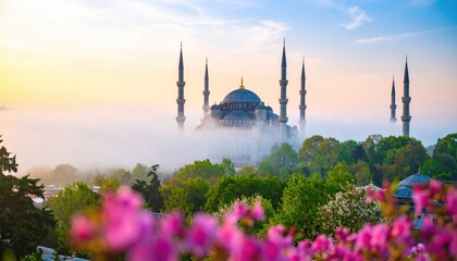 Naklejka premium The Sultan Ahmed Mosque (Blue Mosque) in Istanbul appears partially obscured by fog, seen from a distance amidst greenery and pink flowers.